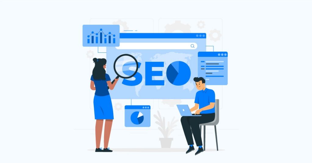 Types of SEO in Blue Color with a boy and girl