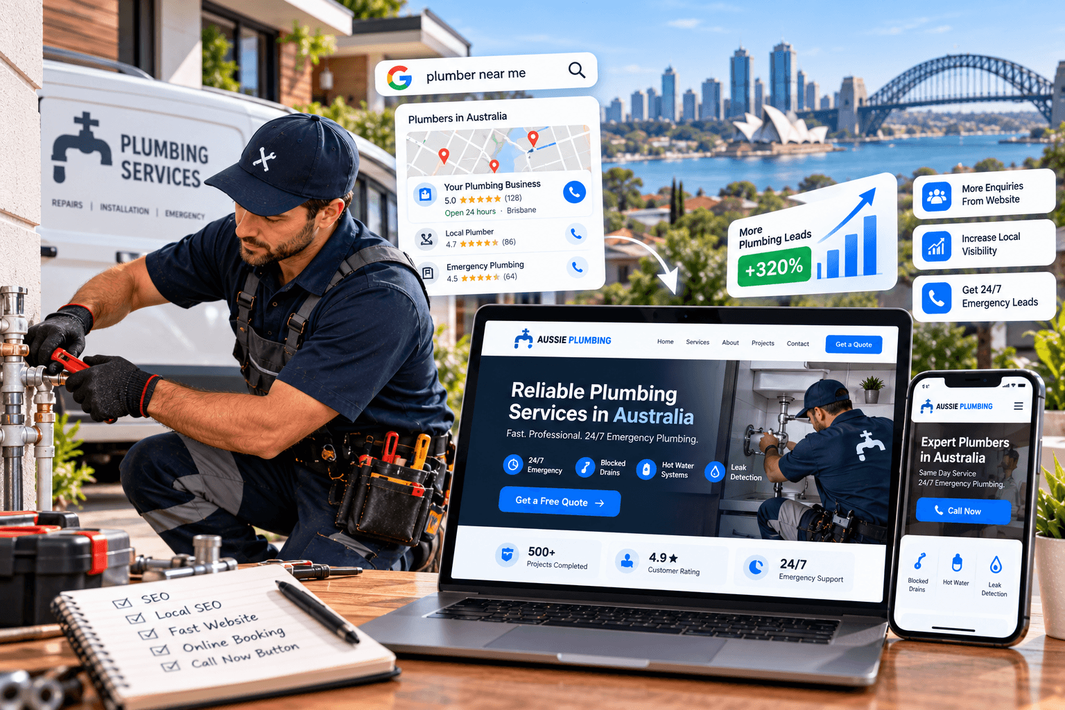 Australian plumber repairing pipes beside a mobile-friendly plumbing website showcasing local SEO, emergency services, and online lead generation.