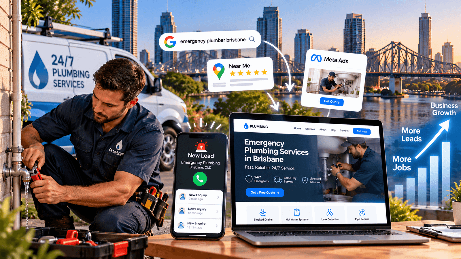 Brisbane plumber generating more emergency plumbing leads through local SEO, online advertising, and a mobile-friendly plumbing website.