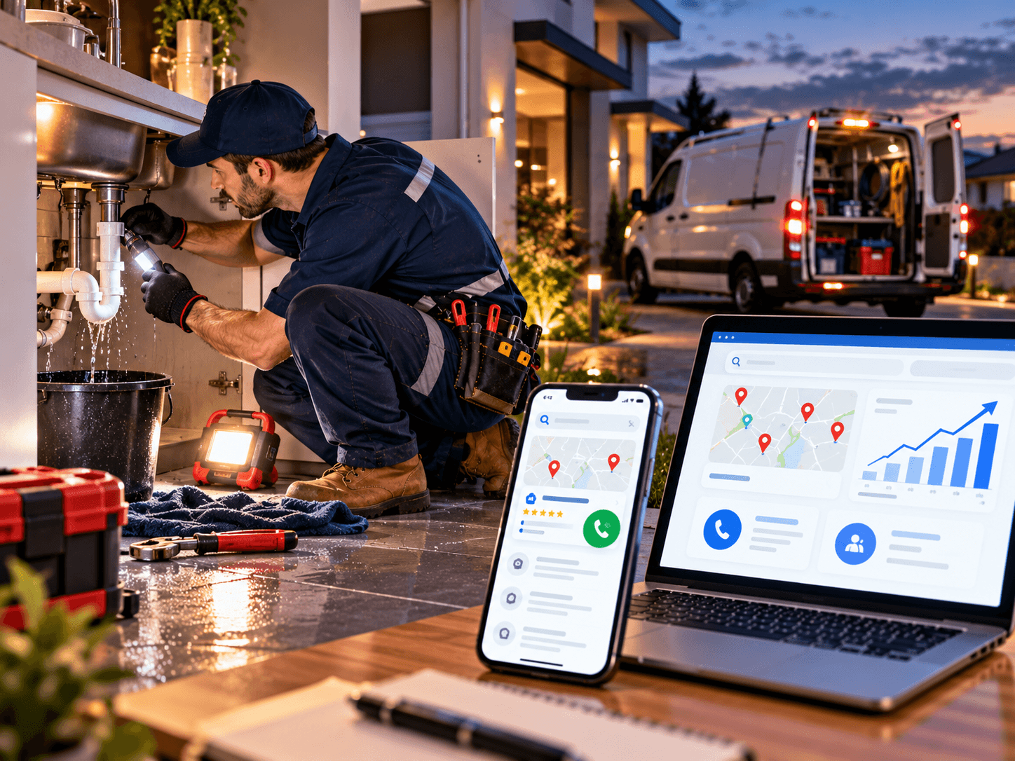 Emergency plumber repairing a leaking pipe at dusk beside a smartphone and laptop displaying local search results, map listings, and lead generation analytics.