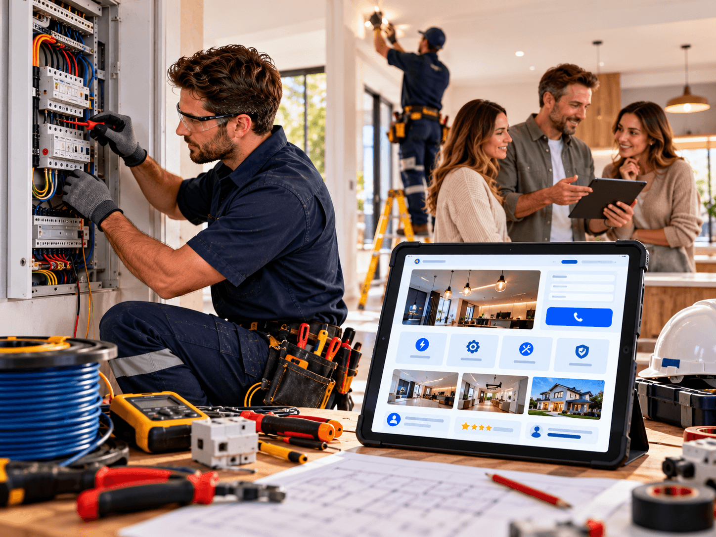 Electrical contractor installing a switchboard while homeowners review a service website featuring electrical services, project photos, and online enquiry options.